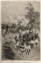 El cortejo de la esposa de Cassemmbe pasa ante Livingstone que la saluda, grabado después de un dibujo de Emile Bayard, ilustrando el último diario de David Livingstone (1813-1873), en 1866-1873, publicado en "Le tour du monde" 1875, editado por Edouard Ch