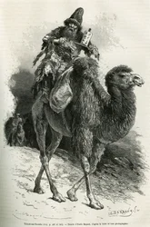 El guía e intérprete de la expedición, Chutun Dzamba, de 58 años, agazapado sobre su camello, murmuraba continuamente plegarias, dibujo de Emile Bayard para ilustrar el viaje a Mongolia y al país de los tangutos de 1870 a 1873, por el teniente