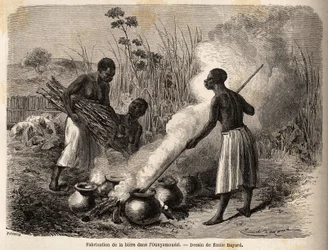 La producción de cerveza, en el ounyamouezi (región de los Grandes Lagos, África), dibujo de Emile Bayard (1837-1891), ilustrando el viaje de descubrimiento en África, de 1860 a 1863 del Capitán Speke. Grabado en “Le tour du monde”, editado por Edouard Cha