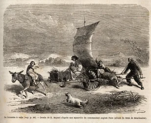 La carretilla de vela, sistema de locomoción utilizado en el norte de China, dibujo de E. Bayard, ilustrando el viaje de Shanghái a Moscú