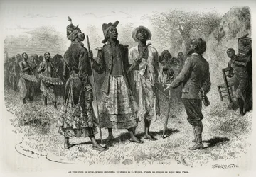 Los tres conductores (o sovas), príncipes de Dombe (Angola), y su séquito de músicos y un cortesano, acudiendo al encuentro del explorador S. Pinto. Grabado de Emile Bayard para ilustrar el relato Cómo atravesé África, desde el océano Atlántico hasta el