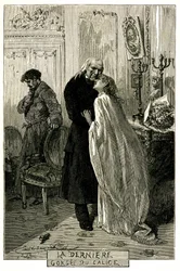 Victor Hugo “Los Miserables”, “La Última Gota del Cáliz”. Ilustración de Emile Bayard. El antiguo forzado Jean Valjean envejecido con Cosette y Marius. Grabado de la edición Ollendorff 1906