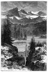 Vista de los Alpes: bosque, lago, picos. Ilustración de Emile Bayard para el libro Las Montañas de Albert Dupaigne, edición Mame 1881.