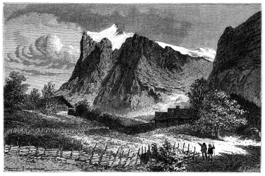 Vista de los Alpes Suizos. Ilustración de Emile Bayard para el libro Les Montagnes de Albert Dupaigne, edición Mame 1881