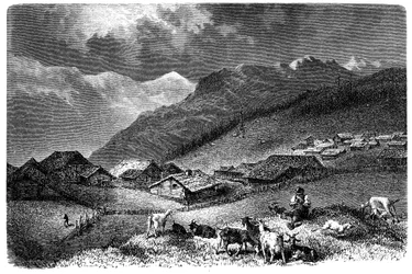 Pueblo en los Alpes. Murren, en el Oberland bernés, altitud 1630 metros. Pastor cuidando su rebaño de cabras y ovejas. Ilustración de Emile Bayard para el libro de Albert Dupaigne “Les Montagnes”, edición Mame 1881.