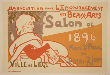Reproducción de un cartel que anuncia la "Exposición del Salón de 1896" de la Asociación para el Fomento de las Bellas Artes, Plaza San Pablo, Lieja