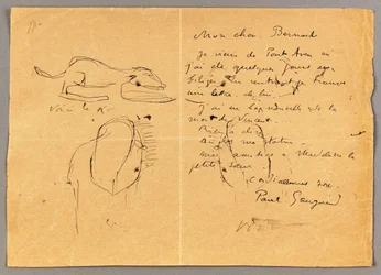 Carta a Emile Bernard con tres bocetos a tinta, anotando la muerte de "Vincent", Tahití, 1890s