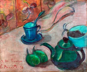 Naturaleza muerta con tetera, taza y fruta. Pintura de Émile Bernard