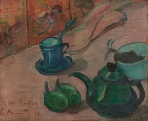 Naturaleza muerta con tetera, taza y frutas. 1890