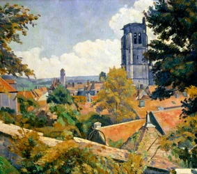 "Vista de Tonnerre con la iglesia de Notre Dame. Vista de los tejados de la ciudad de Tonnerre en el departamento de Yonne en Borgoña. Pintura de Emile Bernard (1868-1941)