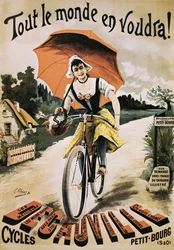 Cartel vintage de mujer montando bicicleta con paraguas rojo
