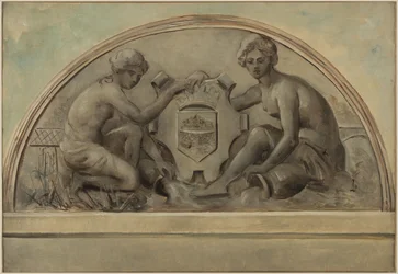 Boceto para el frontón del complejo escolar de Alfortville: El Sena y el Marne enmarcando el escudo de Alfortville, 1898 (óleo sobre lienzo).
