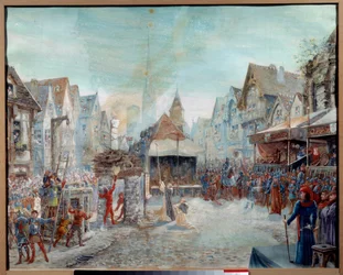 Guerra de los Cien Años: "Juana de Arco (1412-1431) es conducida al carnicero" (Plaza del Viejo Marqués de Ruán). Pintura de Emile Deshays (1875-1946) 1901. Sol. 0,73x0,6 m Rouen, Musee des Beaux Arts ¡Atención! La utilización de esta obra puede estar suje