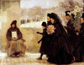 Todos los Santos. Una familia de luto que va al cementerio da una moneda a un anciano que pide limosna. Pintura de Émile Friant (1863-1932), 1888, H. 2,54 x 3,34 m, Nancy, Musée des Beaux-Arts