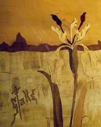 Mesa estilo Art Nouveau, por Emile Galle (1846-1904), nogal con acabado de chapa y varias maderas (detalle)