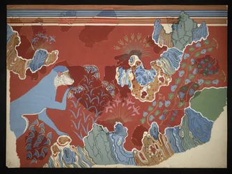Pintura del mono azul en un paisaje rocoso fresco de la Casa de los Frescos de Cnosos (Evans Fresco Drawing C/6), hacia 1928 (papel, pigmento)
