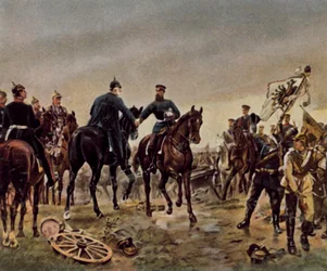 Encuentro del rey Guillermo I con el príncipe heredero Federico Guillermo en la batalla de Königgrätz, 3 de julio de 1866 (litografía en color ampliada)