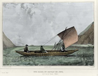 Una balsa o un bote de juncos en el lago Titicaca (Bolivia). Litografía de Emile Lassalle (1813-1871) - en 