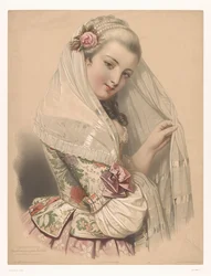 Mujer joven velada con una rosa en su cabello Mousseuse de rosas (título sobre el objeto) Estudios de artistas seleccionados (título de la serie) Etudes choisies (título de la serie sobre el objeto)