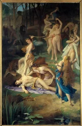 La muerte de Orfeo. Las bacantes (o ménades) despedazan a Orfeo. Pintura de Émile Lévy (1826-1890).