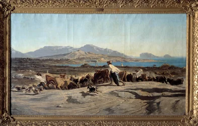 Vista de Marsella tomada desde Aygalades, un paseo diurno. En primer plano, jóvenes pastores con el rebaño. Pintura de Emile Loubon (1809-1863) 1853 Marsella. Museo de Bellas Artes