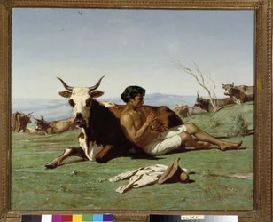 Joven patre tocando la flauta. Pintura de Emile Loubon (1809-1863). Mención obligatoria: Colección fondation regards de Provence, Marsella
