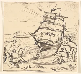 Paisaje costero con barco de vela y figuras gesticulando