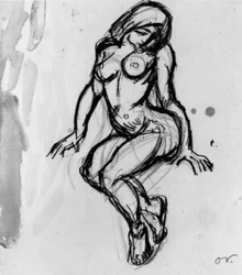 Modelo femenina sentada, mirando a la izquierda