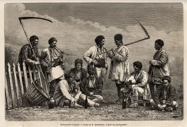 Los cosechadores búlgaros durante su descanso. Grabado después del dibujo de E. Metzmacher, ilustrando el viaje a Bulgaria, por Guillaume Lejean, en 18