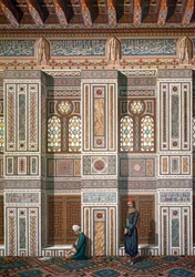Interior de la mezquita de Khosne Ahmed el-Bordeyny. Cromolitografía según Emile Prisse d