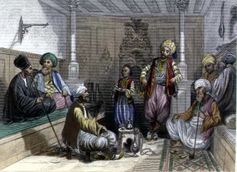 El Medak o narrador de historias, de «Constantinopla y el mar Negro», grabado por los hermanos Rouergue