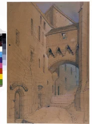 El comienzo del gran grado y el puente fortifica. El Monte Saint Michel. Dibujo de Emile Sagot. Museo Municipal de Avranches (Manche)