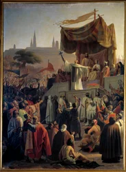 San Bernardo de Claraval predicando la Segunda Cruzada en presencia del rey Luis VII y la reina Leonor de Aquitania y el abad Suger, en Vézelay en Borgoña el 31 de marzo de 1146