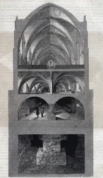 Sección transversal del liceo Napoleón en París (hoy, Liceo Henri IV). De arriba a abajo: el refectorio, la cocina, las bodegas, las catacumbas. Grabado por Therond. En "Le Magasin Picturesque"