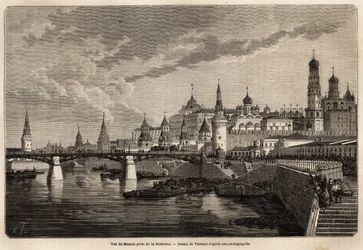 Vista general de Moscú, tomada desde el Moskowa, dibujo de Therond para ilustrar el viaje de 1859 a 1862 de M. de Bourboulon, Ministro de Francia en China. Grabado en 