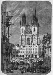 Arquitectura gótica: vista exterior de la Iglesia de Nuestra Señora de Týn (Teynkirche) en Praga. Su construcción duró desde mediados del siglo XIV hasta el siglo XVI. Grabado por Therond en 
