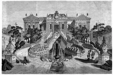 El Pabellón Haiyan Tang tiene arquitectura occidental en el Palacio de Verano en Pekín (Beijing). Grabado después de un dibujo de Therond, en “Le Tour du Monde, Nouveau journal des Voyages”, editado por Edouard Charton, París