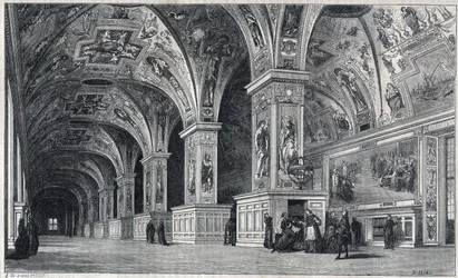 Vista interna de la biblioteca del Vaticano en el siglo XVIII. Grabado por Therond a partir de un dibujo de François Pannini