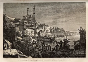 El ghat de Madhoray (escalones que cubren las orillas de un río que permiten descender en contacto con el agua) y la mezquita de Aurangzeb en Benarés, grabado según el dibujo de E. Therond, ilustrando el viaje a la India de los Rajás, en 1864-1868, por Lou