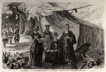 Retratos y trajes del Emperador de Annam y sus ministros, Cochinchina, dibujo de Therond, para ilustrar una correspondencia única con Cochinchina en 1859. Grabado en "Le tour du monde, nouveau journal des voyages" París