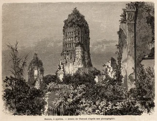 Las ruinas tomadas en la vegetación de la jungla, en Ajuthia (Tailandia), dibujo de Therond, para ilustrar el viaje por los reinos de Siam, Camboya y Laos, de 1858 a 1861, por Henri Mouhot. Grabado en “Le tour du monde”, editado por Edouard Charton
