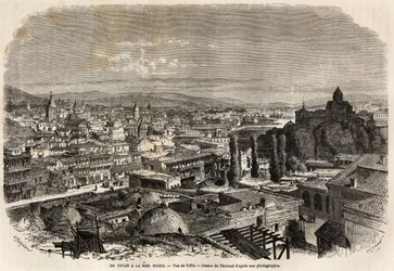 Vista de Tiflis (o Tbilisi), dibujo de Therond, para ilustrar el viaje de Mr. Moynet al Mar Negro y el Mar Caspio en 1858. Grabado en “Le tour du monde, nuevo diario de viajes” París
