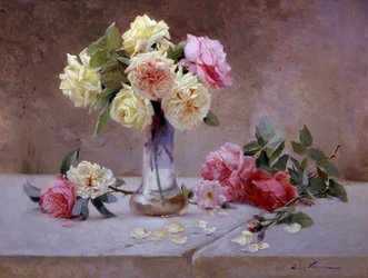 Bodegón de rosas rosas y amarillas. Pintura de Emile Vernon (1872-1919) Colección particular.