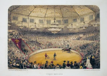 Circo Napoleón (actual circo de invierno, calle Amelot, París). Acuarela litográfica, ilustración de E.de la Tramblaiz, en "Album, souvenirs de Paris", Daziaro editor, París