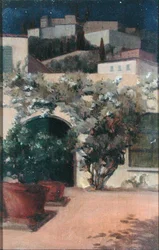 Pueblo italiano de noche (óleo sobre tabla)