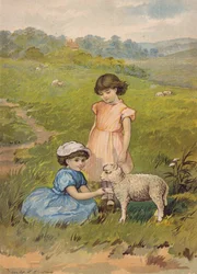 Dos niñas acariciando un cordero (cromolito)