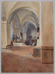 Interior de una fábrica de tabaco en Sevilla, c.1900. Lápiz y acuarela