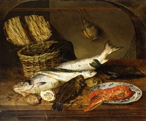 Un Salmón, una Caballa, una Langosta en un Plato, una Cesta de Mimbre, Ostras, una Botella de Chianti y una Red de Pescador en una Mesa de Madera, 1854