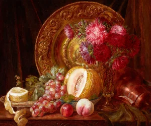 Crisantemos, frutas y plato