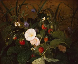 Fresas silvestres, campanillas y una correhuela en un banco (óleo sobre tabla)